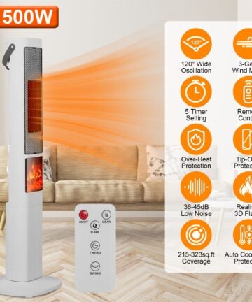 1500W Oscillating Ceramic Tower Space Heater With 3D Flame Portable Electric Heater With 3 Wind Modes Remote Control 5 Timer Overheat Tip-Over Protection For Bedroom Office