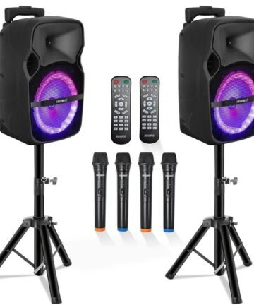 5 Core Party Speaker Bluetooth 250W Big Monster Powered Rechargeable Outdoor PA DJ System W Disco Lights 2 Wireless Karaoke Mics Portable Rolling Speakers W Handle Black - ACTIVE HOME 8 2-MIC