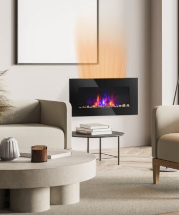 28.5" 1450W Electric Wall-Mounted Fireplace with Flame Effect, 7 Color Background Light, Black