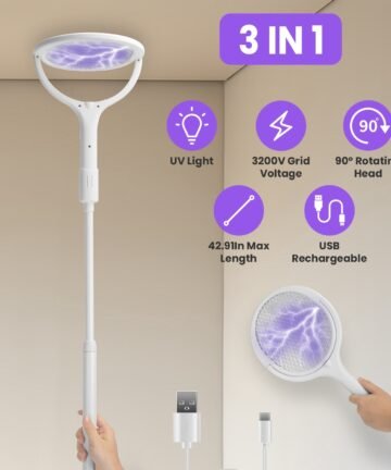 3 In 1 Electric Bug Zapper Racket 90Degree Rotating Bug Zapper Wand Indoor Outdoor Handheld Mosquito Swatter With Telescopic Extension Wand